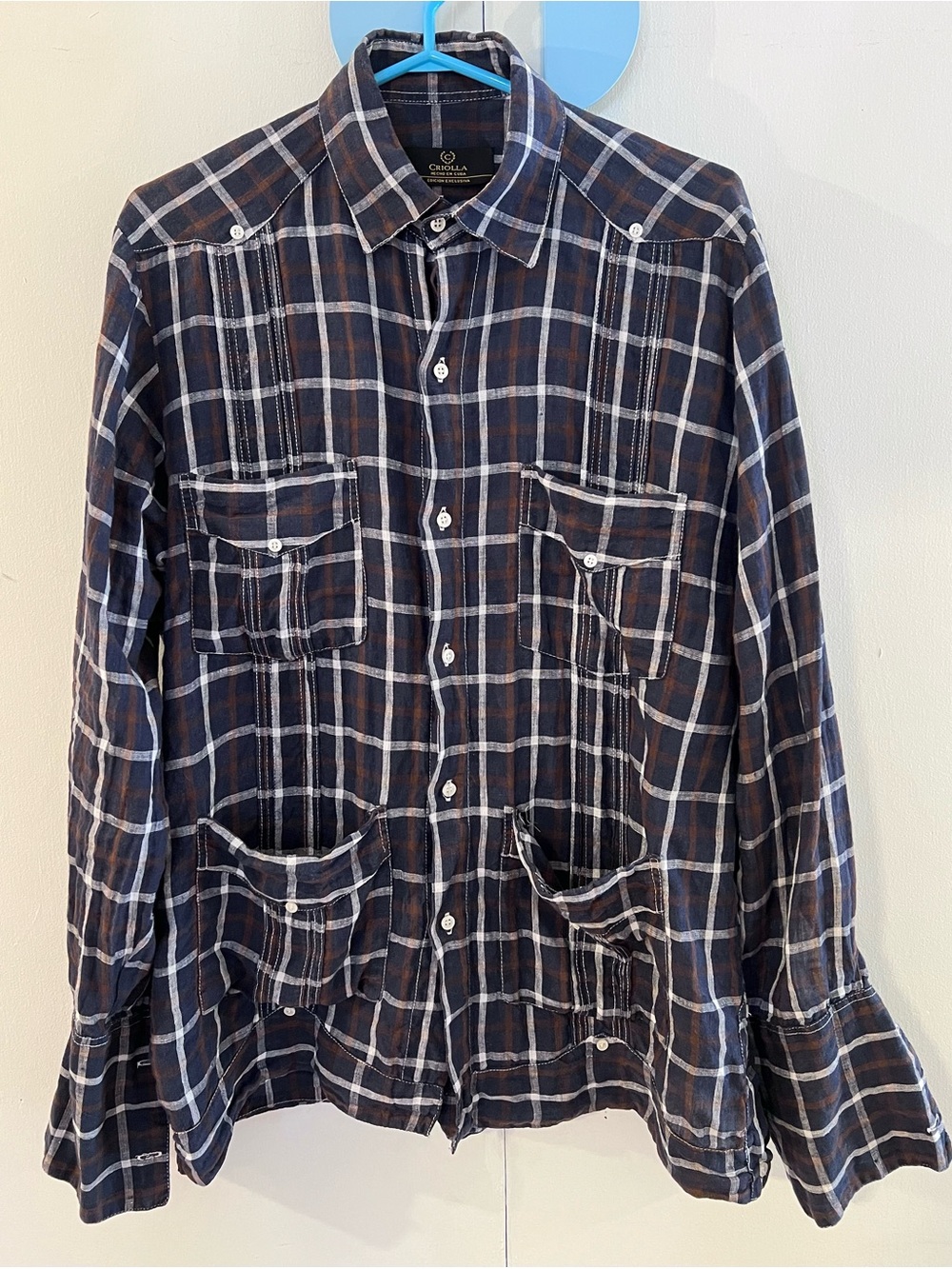 Long Sleeve Men’s Plaid Four Pocket Criolla Guayabera